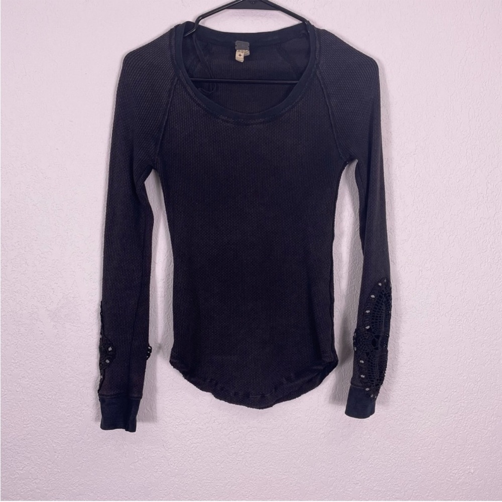 Free People Black Burnout Crochet Knit Cutout Long Sleeve Top